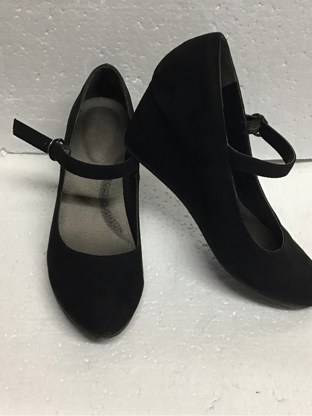 Women's Black Mary Jane Suede Wedge Heels